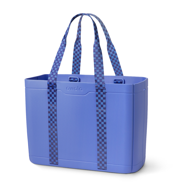 Sun-Day Collapsible Tote in Wavelength, periwinkle blue tote bag with dark navy checkerboard patterned carry loops and blue horizontal strap accent