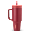40oz Tumbler in Holly Berry, deep cranberry red insulated tumbler with matching red handle, coral-toned lid, and straw