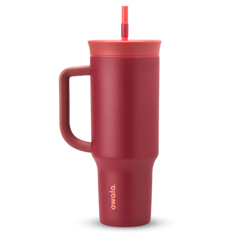 40oz Tumbler in Holly Berry, deep cranberry red insulated tumbler with matching red handle, coral-toned lid, and straw